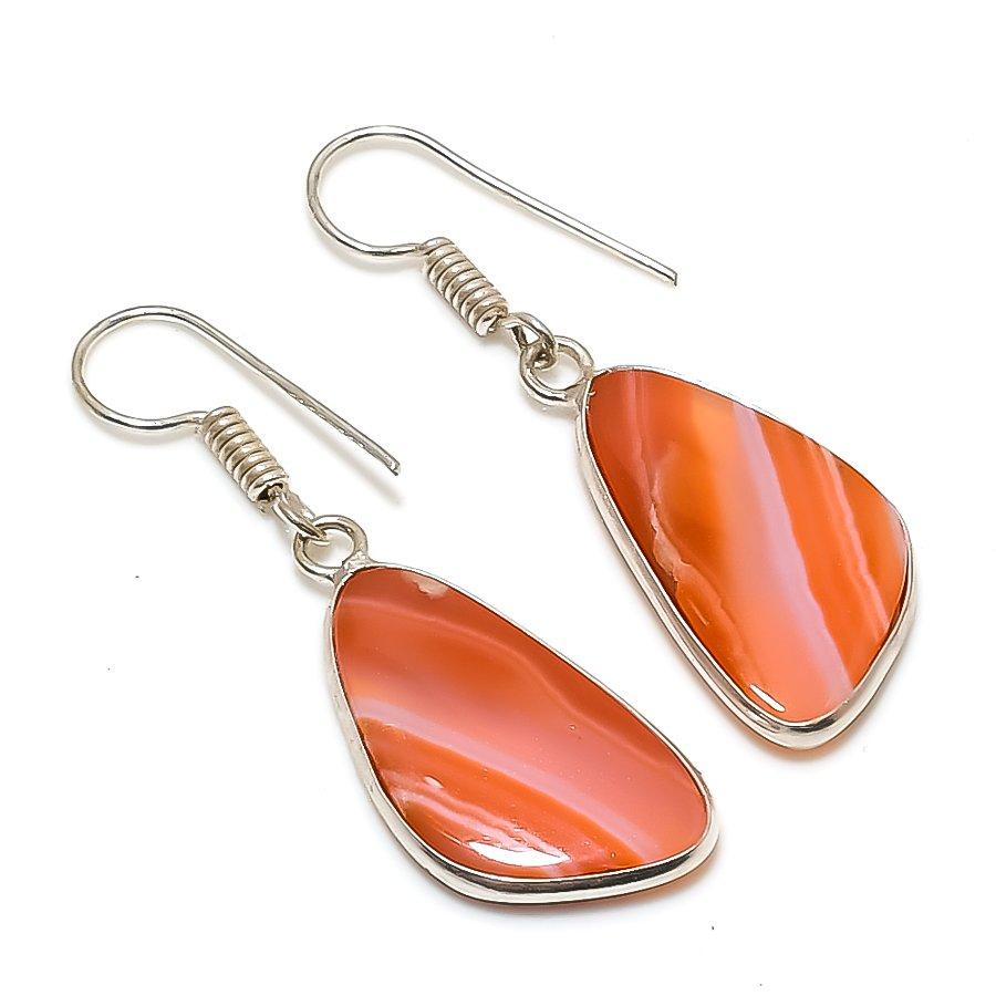 Natural Orange Lace Agate Gemstone 925 Sterling Silver Jewelry Earring 1.58" AE-13262