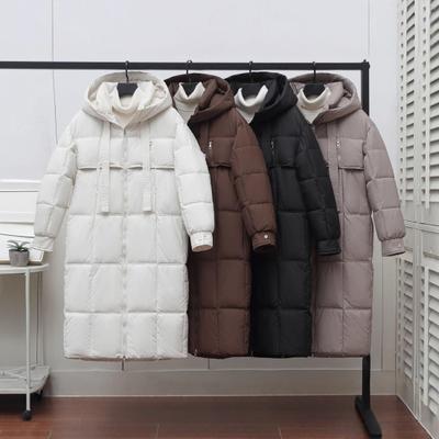 Lange Pufferjacke für Damen Winter Warm Kapuzenmantel mit Reißverschluss Verdickter Langarm Daunenmantel mit Taschen
