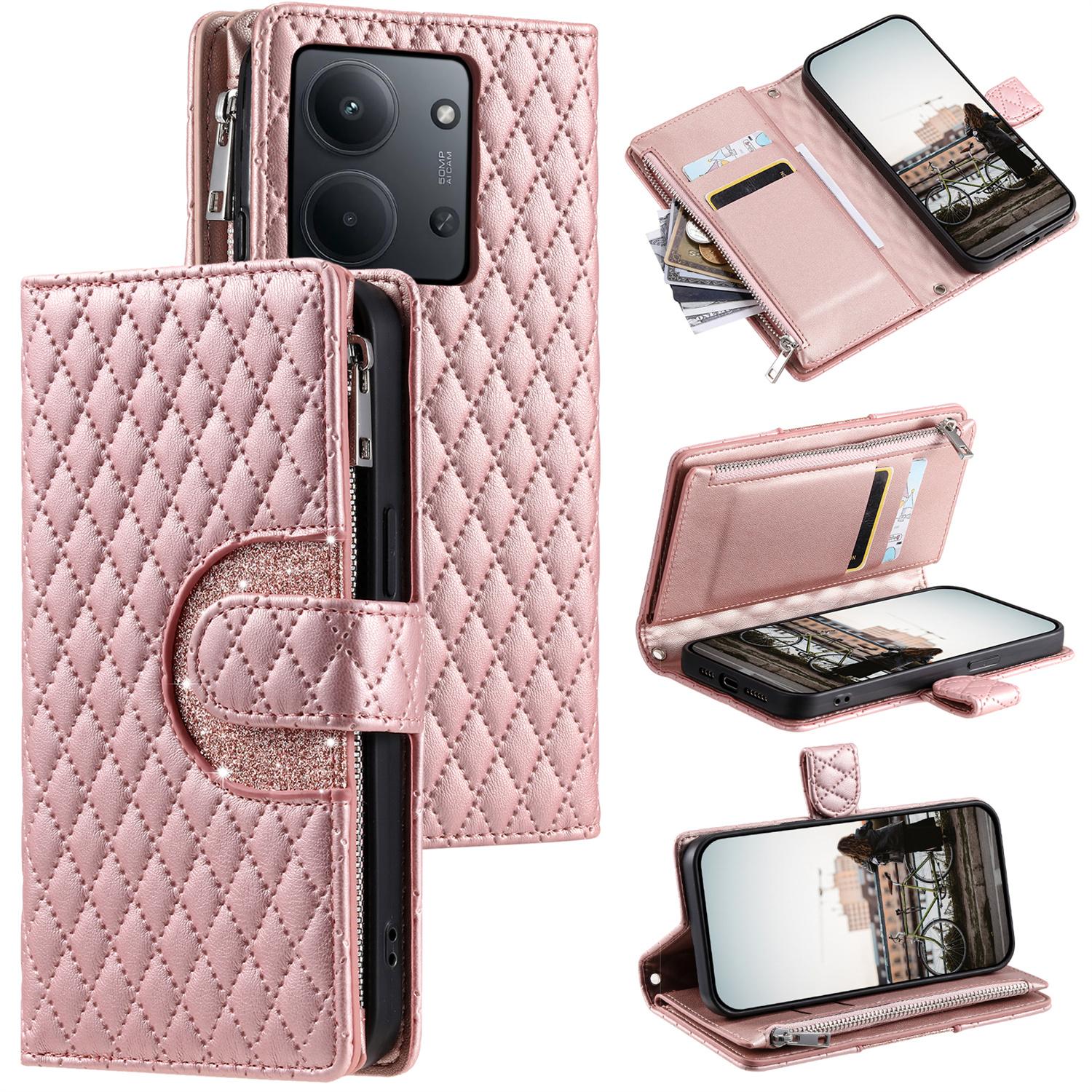 

For Xiaomi Redmi 15C 4G (EU) (173mm) Case Zipper Pocket Glitter Leather Phone Cover with Wrist Strap Rose Gold