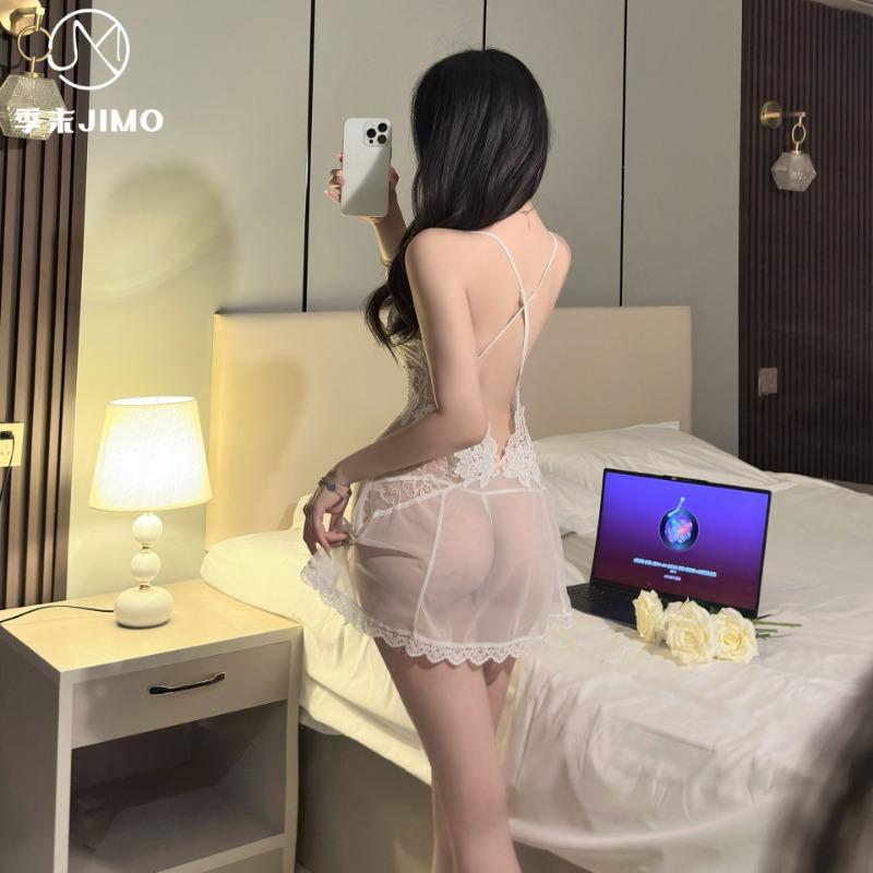 New deep V perspective embroidery lace cross backless suspender mesh seduction 7039