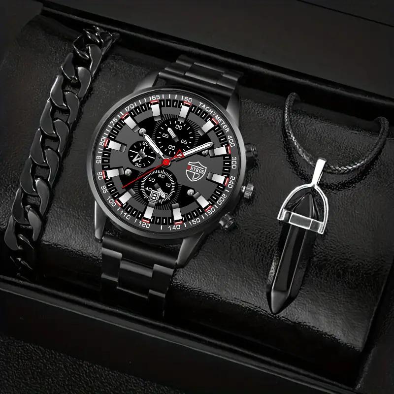 

3 шт./набор 1 шт. Модные мужские деловые кварцевые часы из нержавеющей стали с календарем и 1 шт. Мужской браслет и 1 шт. Мужское ожерелье