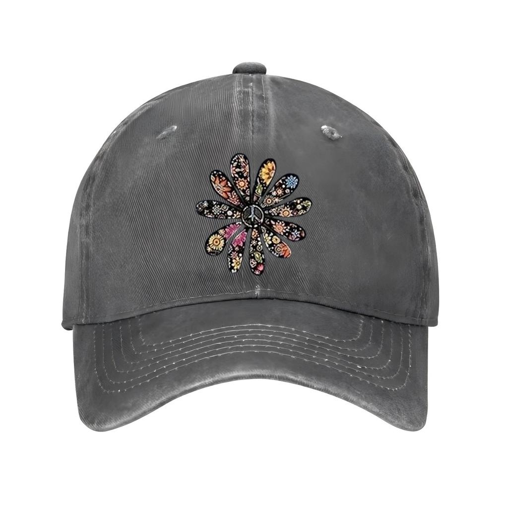 Peace Sign Flower Print Baseball Cap Distressed Cotton Adjustable Casual Hat for Adult Unisex