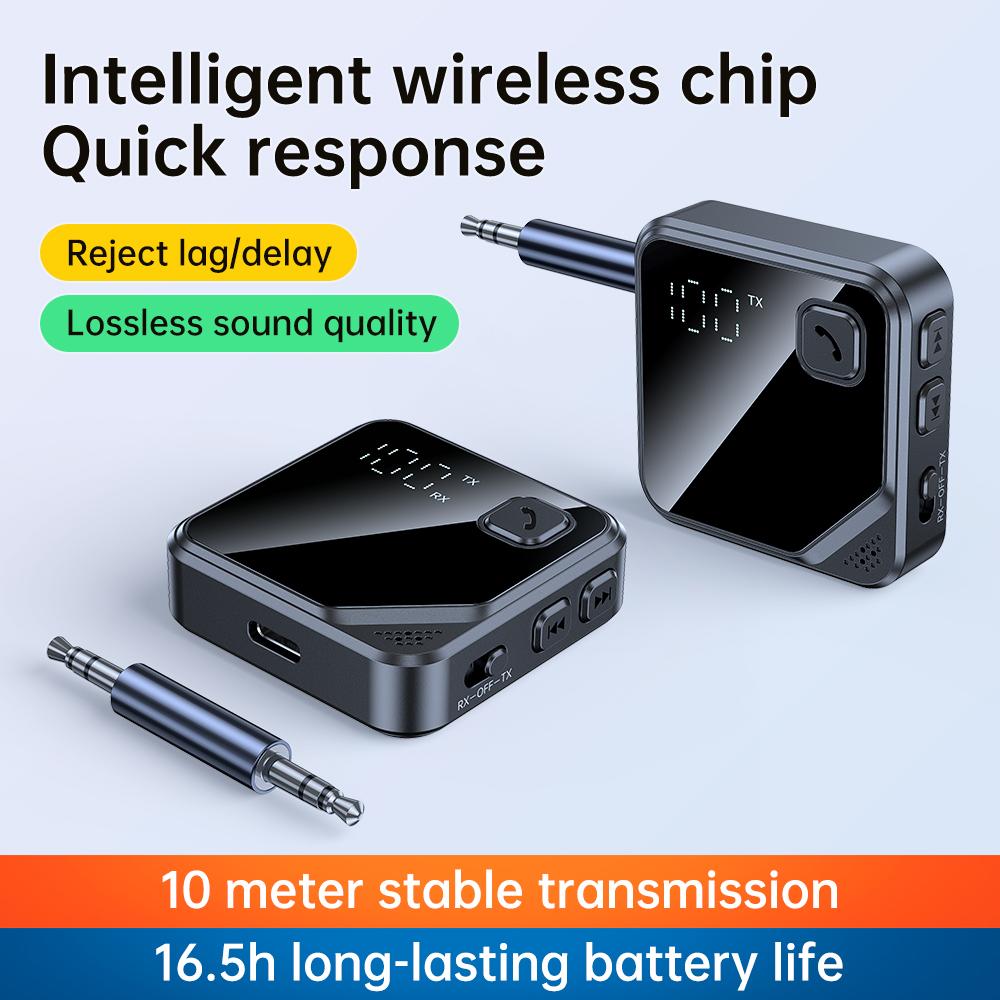 2-IN-1 Car Bluetooth 5.4 Receiver 10M Stable Transmitter 3.5mm AUX With LCD Battery Volume Display for Car Music/Hands-Free Call