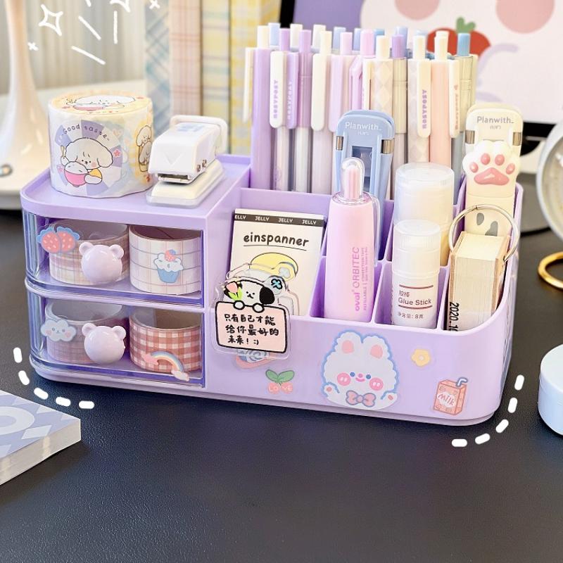 2024 New Desktop Storage Box Organizer Cute Bear Handle Drawer Type Desk Organizer Multi-grid Pen Holder with Kawaii Stickers