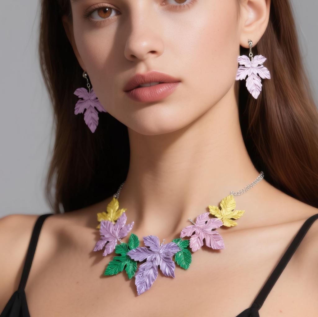 Colored Maple Leaf Painted Oil Alloy Necklace Earrings Set Exaggerated Vintage Versatile Clavicle Chain Leaves
