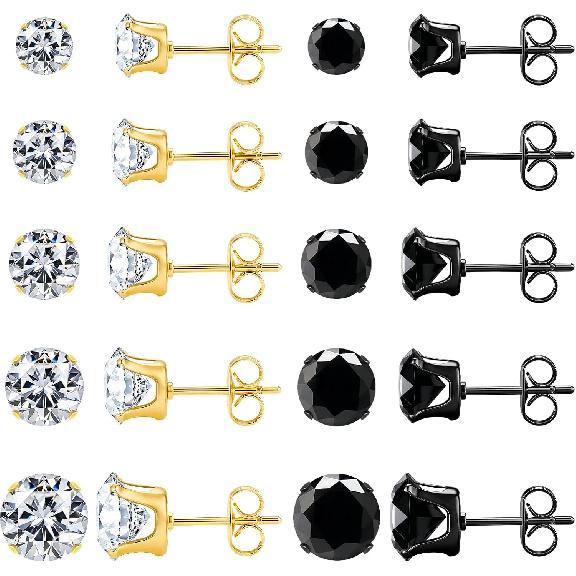 10 Pairs Stud Earrings for Men Women Hypoallergenic Stainless Steel Earrings Studs Clear Round CZ Earring Studs Cartilage Helix Tragus Earring Set