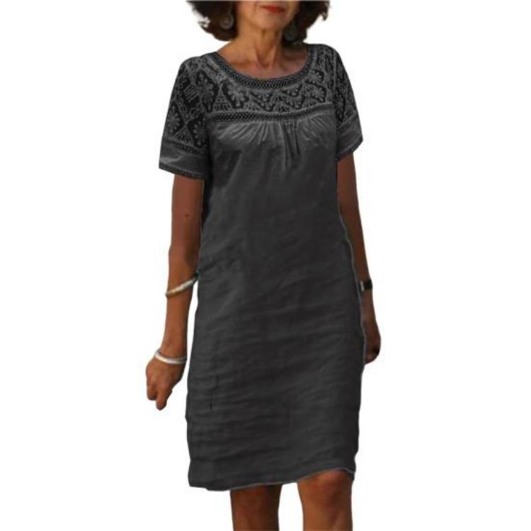 Women Casual Summer Loose Cotton Linen Mini Short Sleeve Round Neck Lace Sundress Beach Short Dresses