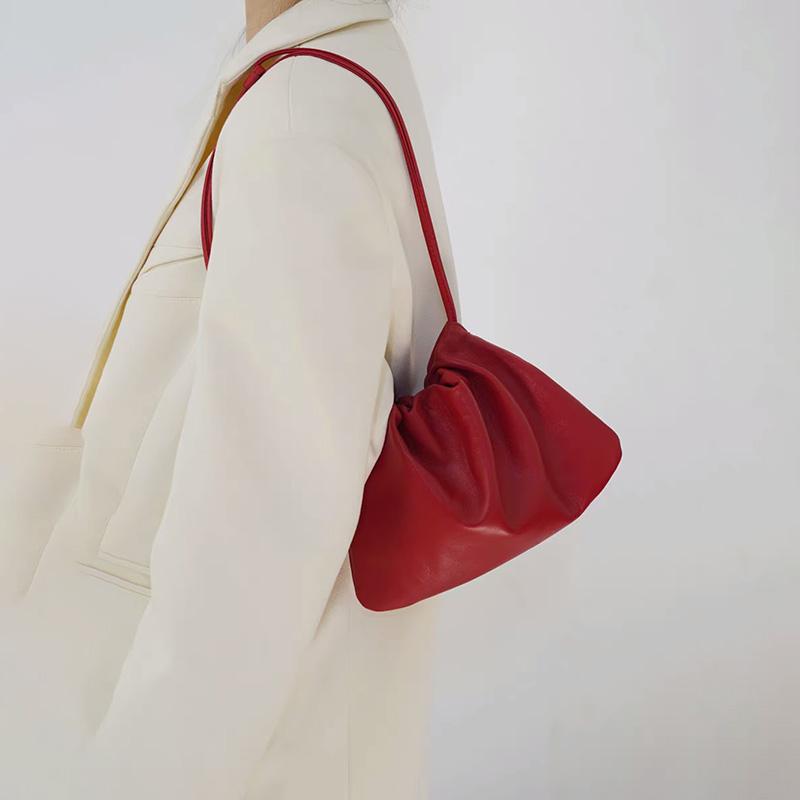 Fashion Red Soft Leather Single One Shoulder Crossbody Bag Korean Pleated Portable Underarm Bag Women's  New Lace-up Handbag