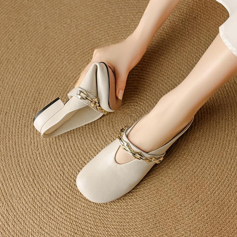 Fashion Women's New Summer Genuine Leather Cowhide Metal Belt Buckle, Low Heel and Toe Wrapped M Ü Ller Slippers