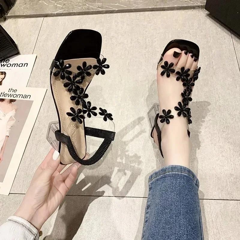 Fashion Women Sandals 2024 Summer Pvc Crystal Flower Chunky Heel Peep Toe Back Strap Elastic Elegant Fashion Shoes Ladies Zapatos