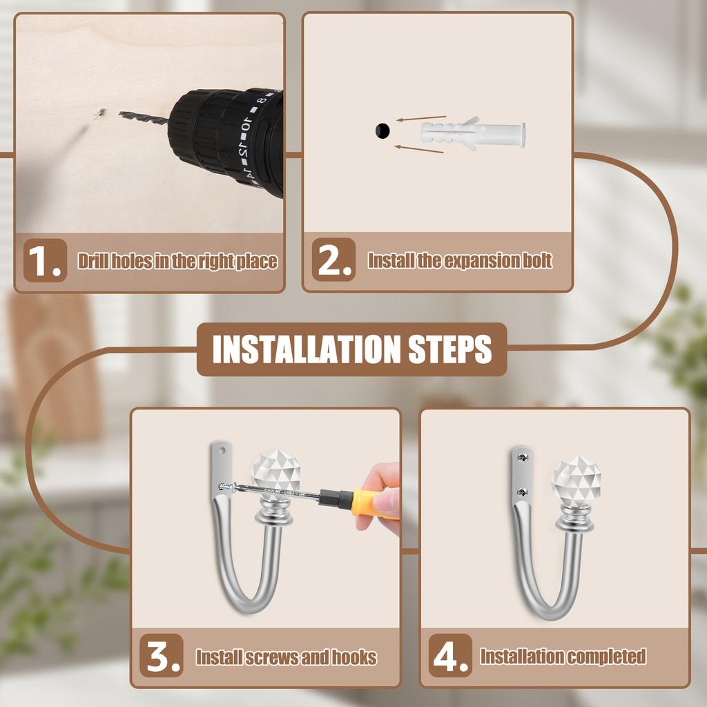 4Pcs Curtain Holdbacks Decorative Metal Curtain Tie Back with Acrylic Crystal Ball Curtain Pull Back Living Room Bedroom Decor