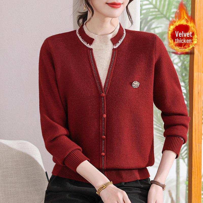 Winter Faux Two-Piece Velvet Sweater for Chinese New Year - Warm Base Layer for Middle-Aged and Elderly Women