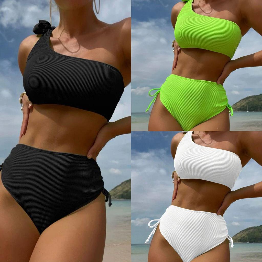 New European-American Sexy Solid Color Split Tethered Bikini Swimsuit for Women