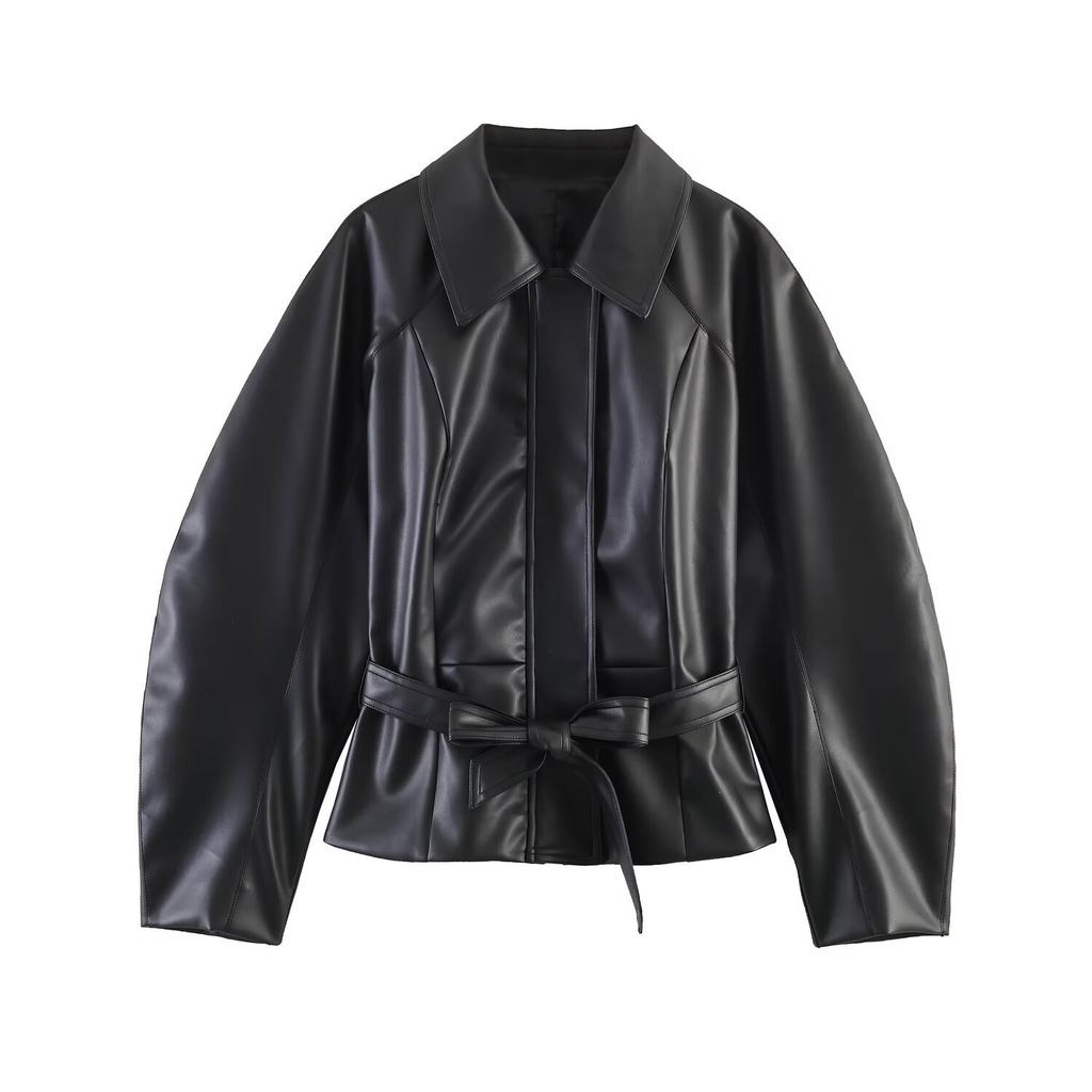 2026 summer new European and American cross-border women's clothing street fashion lapel imitation leather belt jacket w021 83053