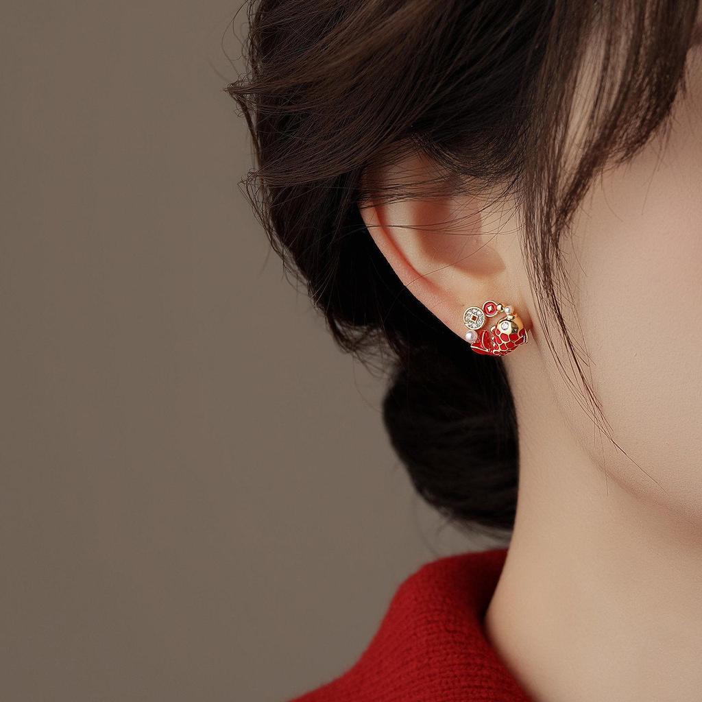 Silver Needle Koi Copper Coin Zirconia Stud Earrings - Chinese Trend, Light Luxury Pearl Accessories for Women