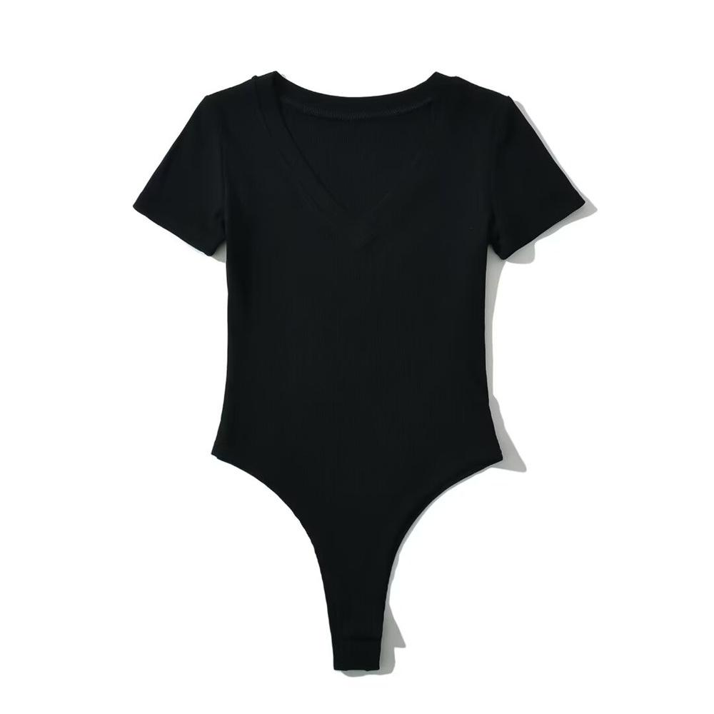 Trendy Women's V-Neck Short-Sleeve Open Crotch Bodysuit Jumpsuit