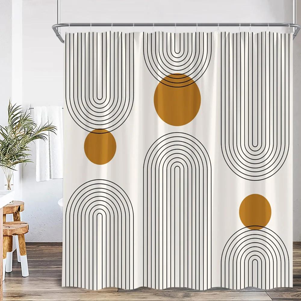 Mid Century Abstract Shower Curtain Leaf Curve Simple Line Nordic Modern Bathroom Decor Polyester Fabric Bath Curtain With Hoo