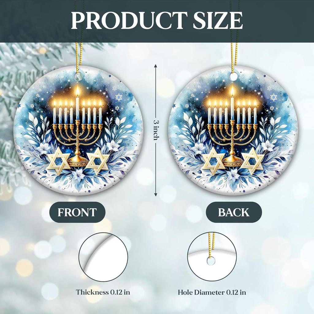 Hanukkah Ornament 2025 – White Elephant Gift, Elegant Menorah & Star of David Ceramic Round Decoration with Blue Floral Design – Festival of