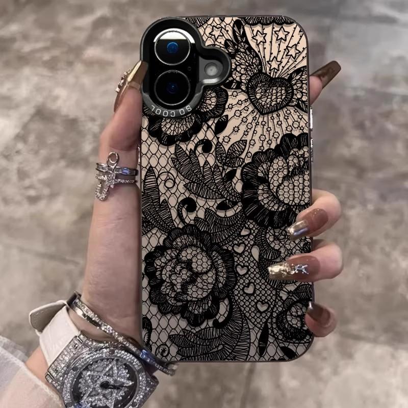 Black Lace Pattern Phone Case For iPhone 17 16e 16 15 14 mini Pro Max X XR XSMAX 8 7 Air Plus Anti Fall Matte Cover