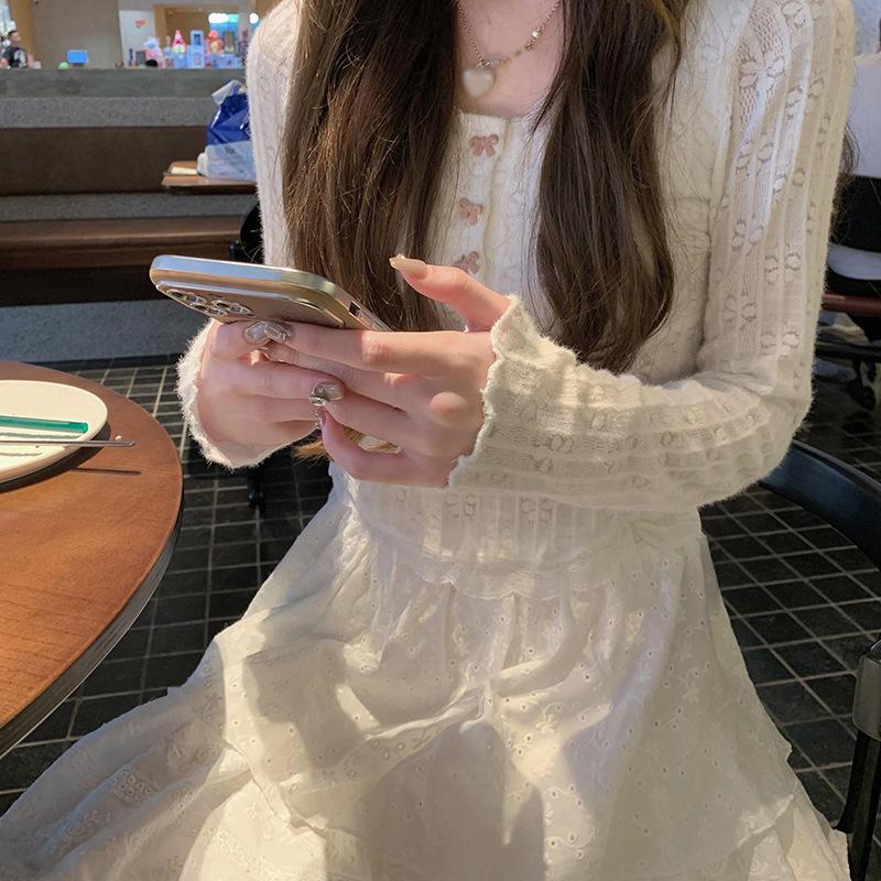 [Neride velvet] White lace lace inner cardigan women s autumn and winter beautiful slim knitting S