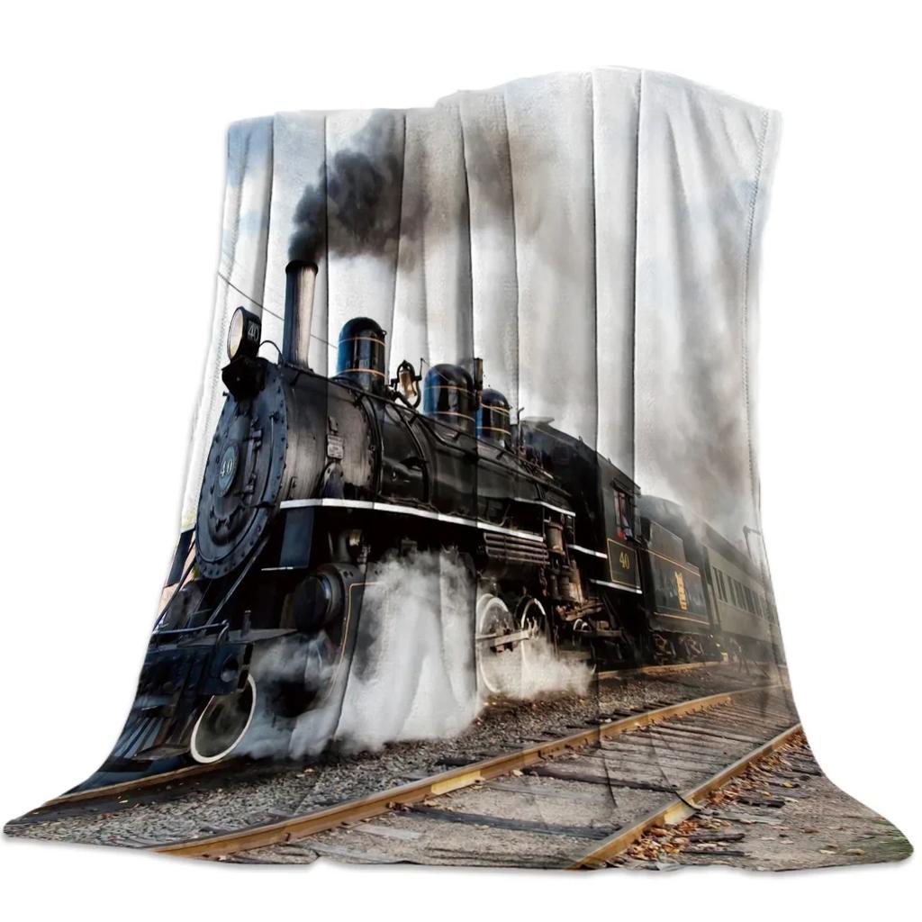 Flannel Blankets The Steam Age Of Old Trains Blanket Cushion Warm Throws on Sofa Bed Home Bedspread Travel Fleece Blanket Queen