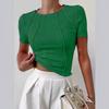 Damen einfarbiges T-Shirt mit geteilter Brust und Rundhalsausschnitt Ein neues Sommer-Figurbetontes Oberteil