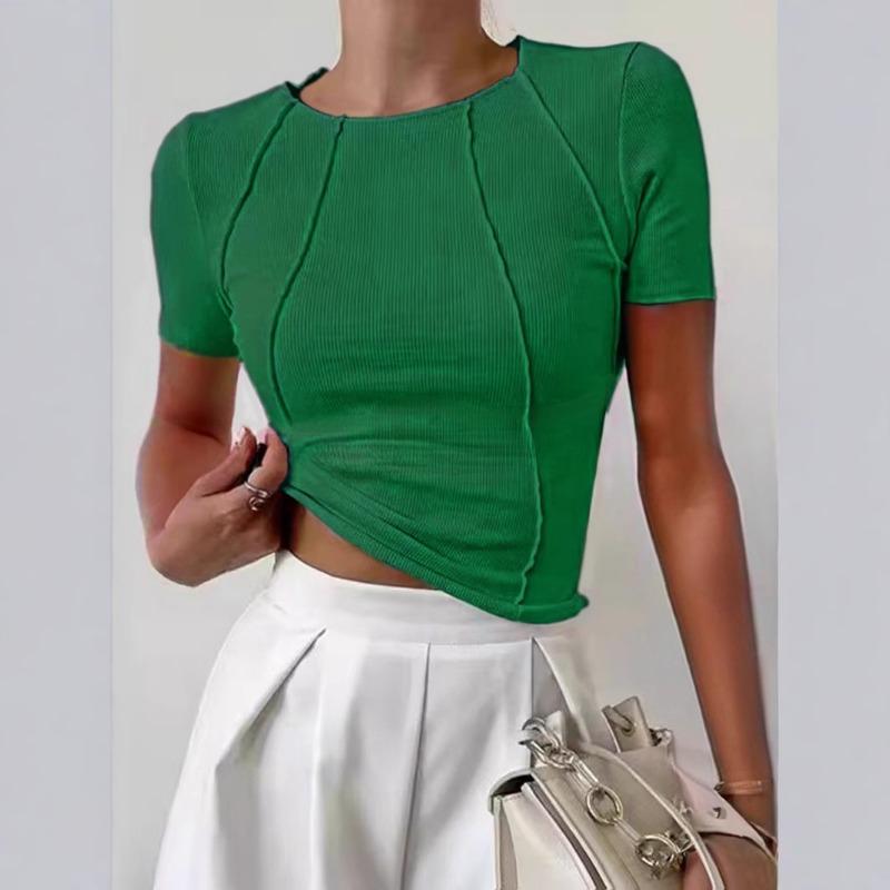 Dámské jednobarevné tričko s rozparkem na hrudi a kulatým výstřihem Nový letní přiléhavý top