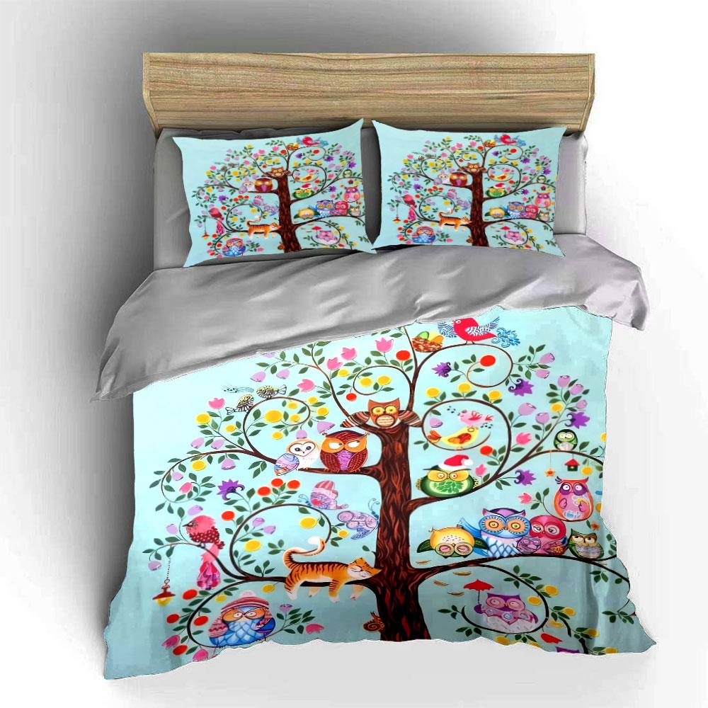 Buntes Eulenbaum Dekorationsset Weiche Bequeme Bettbezug Bettwäscheset Enthalten 1*Bettbezug & 2*Kissenbezüge, Geschenk