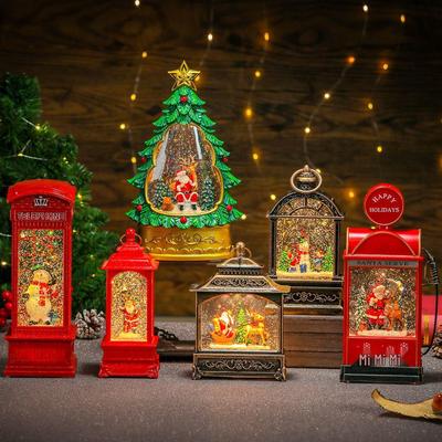 Muzikale Oplichtende Kerstversieringen: Met water gevulde telefooncel & Orkaan olielampen