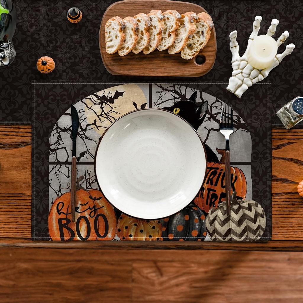 Artoid Mode Boo Black Cat Pumpk Halloween Placemats Set of 4, Trick Or Treat 12x18 Inch Seasonal Fall Holiday Table Mats for Party Kitchen Dining