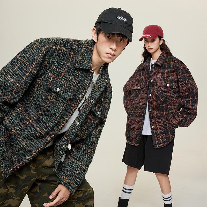 Рубашки с длинными рукавами в стиле ретро из грубой клетчатой ткани для мужчин и женщин — фото 3