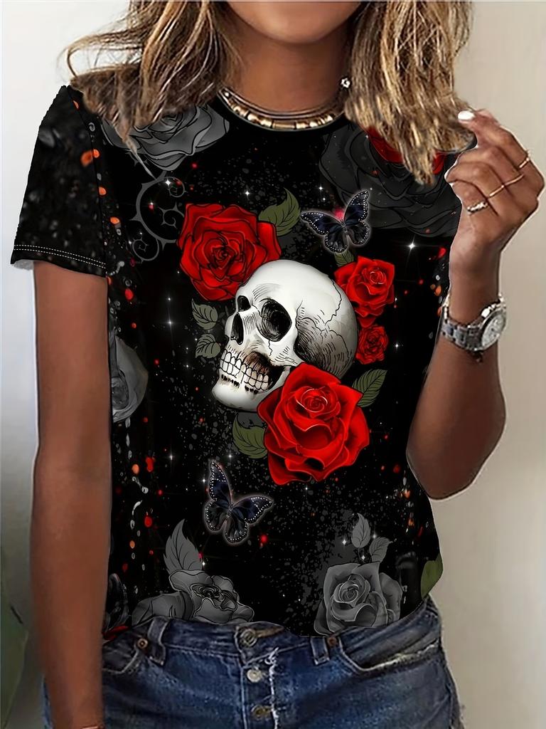 Gothic Skull Rose Print Women T Shirt Pink Floral Spider Web Casual Short Sleeve O-neck Dark Aesthetic Summer Tops