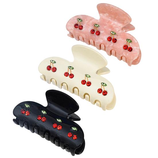 Yousheng Hair Claw Sparkling Rhinestones Inlaid Cherry Decorative Pattern Back Head Hair Clip Large Wide Tooth Design Hair Clip Versatile Hair