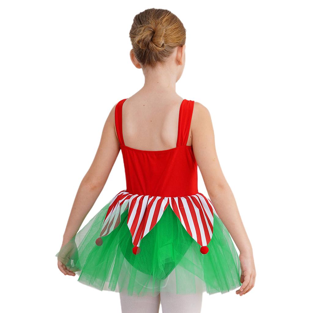 Girls Christmas Jumpsuit Shiny Sleeveless Design Jagged Pompoms Tulle Skirt Costume Cosplay Dance Wear