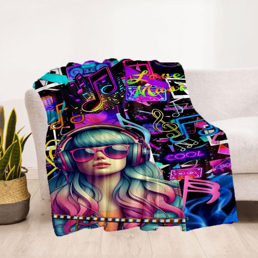 "80er Jahre Neon Musikfestival Kopfhörer Damen Hoodie" Decke Flanell Überwurfdecke für Sofa, Bett, Reisen, Camping, Büro