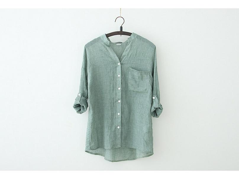 Women's Summer Seven Sleeve Loose Cotton Linen Stand Collar Blouse