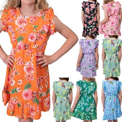 Mädchen Volant Kleid schwingender Rock Rosenmotiv
