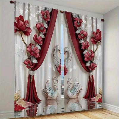 Elegant Swan Red and White Floral Printed Curtains, Suitable for Bedroom and Living Room Home Decoration