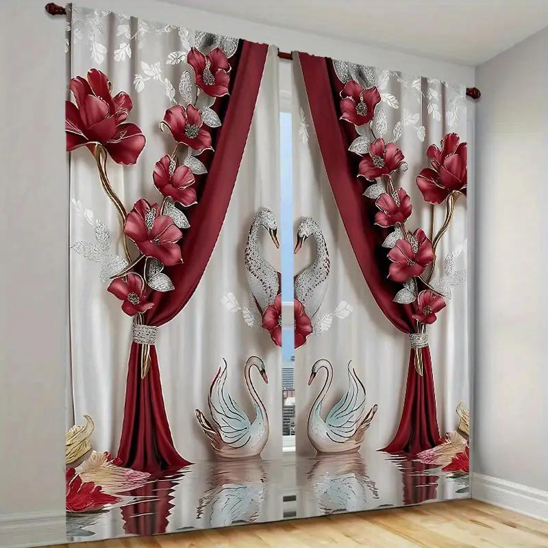 

Elegant swan red and white floral printed curtains, suitable for bedroom and living room home decoration 14Wx39L(35x100CM)x2