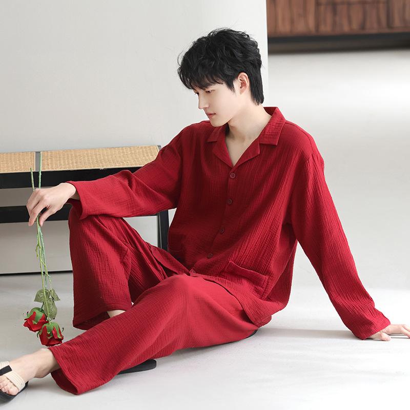 Large size couple pajamas autumn 1011 new spring and autumn cotton double-layer gauze long-sleeved trousers loungewear set