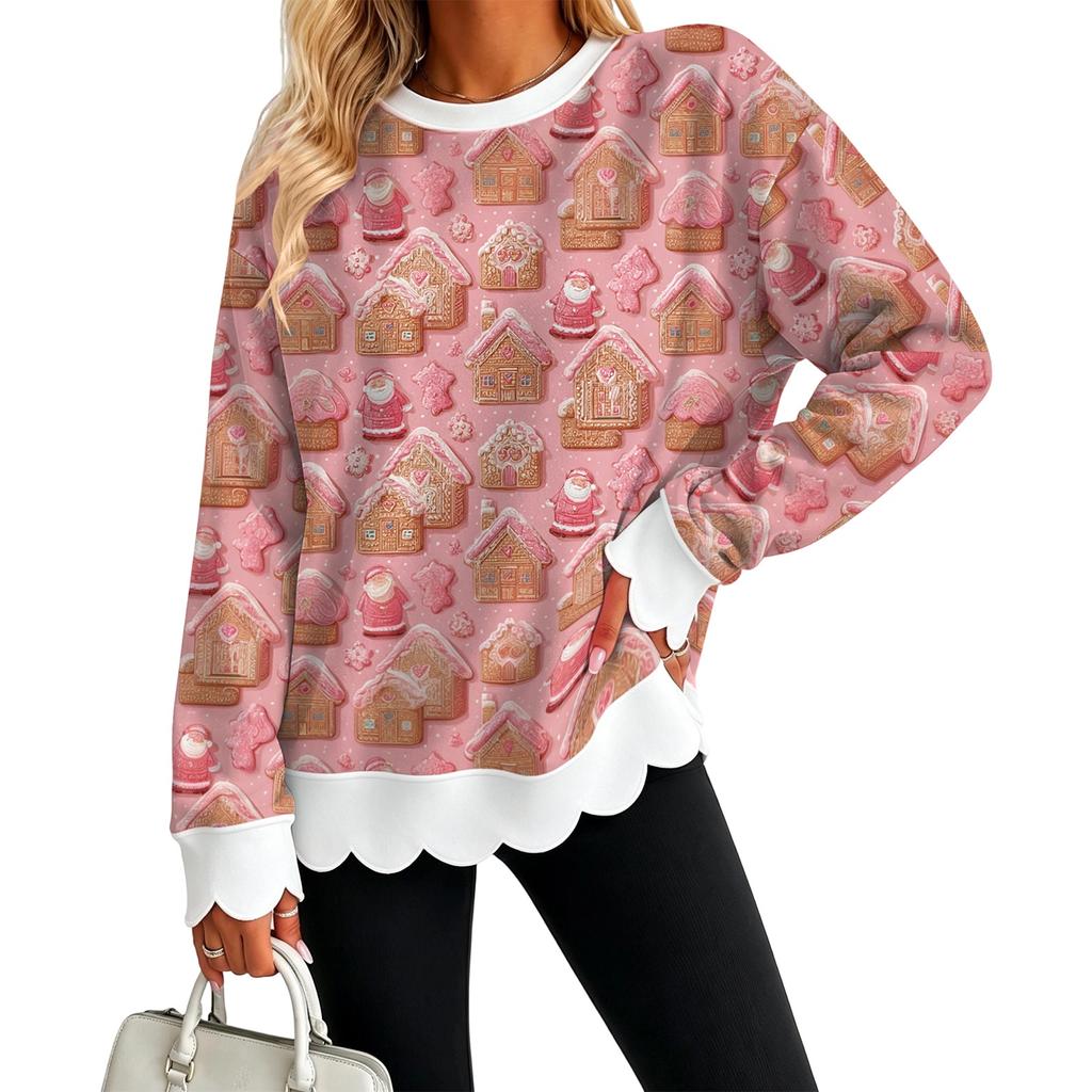 Women's Christmas Print Crewneck Sweatshirt with Scalloped Wavy Hem Casual Holiday Top