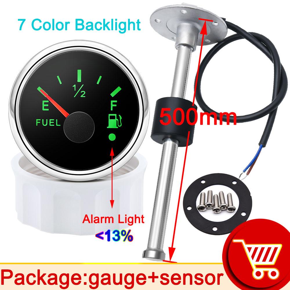 52mm LED Fuel Level Gauge + Fuel Float Level Sensor 240-33ohm For Auto Car Marine Boat With 7 Color Backlight 12V~24V Waterproof