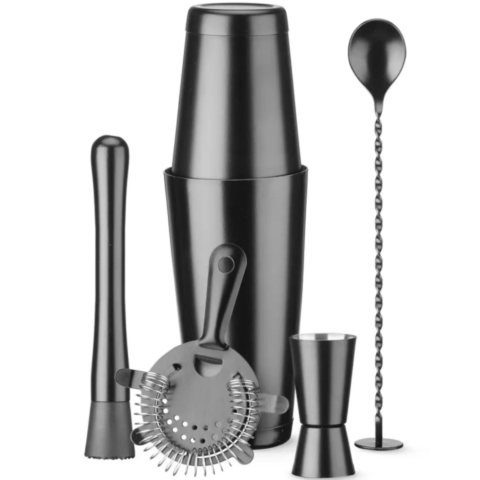 SuperMerchantEU Barkeeper-Set In Einer Röhre, Shaker, Jigger, Barsieb, Stößel, Barlöffel - Schwarz