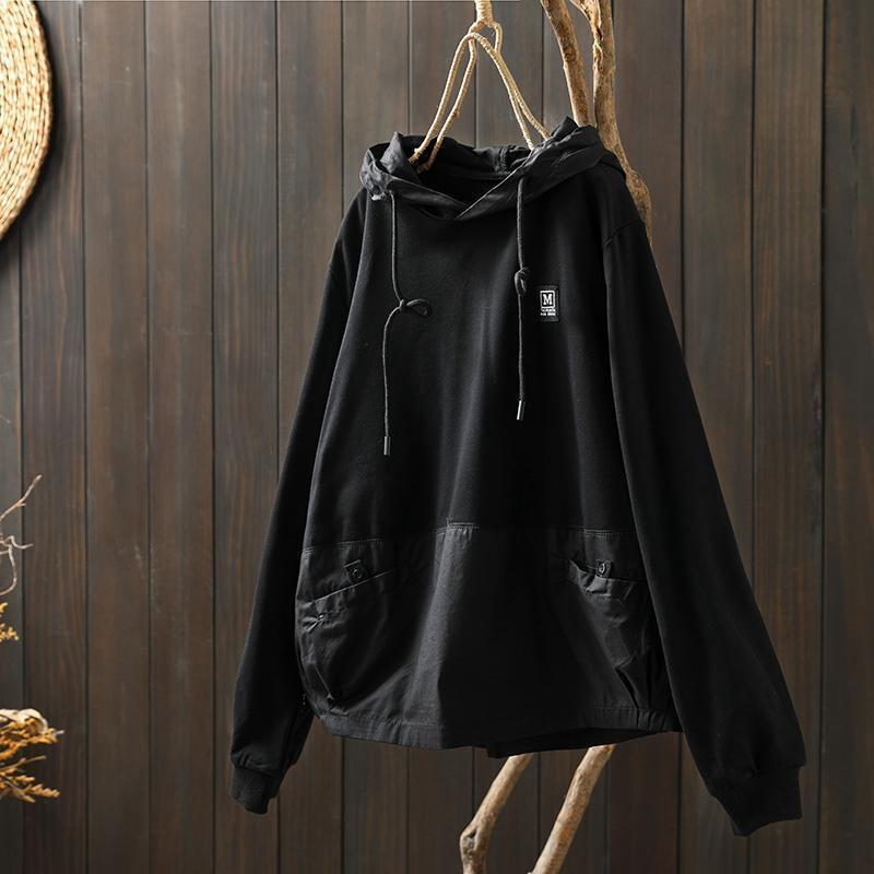 Women's Oversized Color Block Patchwork Hooded Sweatshirt with Double Pockets