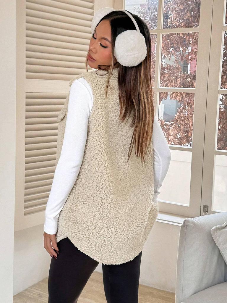 In-Stock Women's Fall/Winter Lapel Button-Up Plush Faux Lambswool Vest Coat - Loose Commuting Style