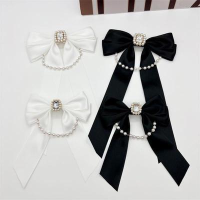 Mode Stoff Schwarz Weiß Schleife Perlenkette Kristall Strass Brosche Elegant Damen Hemdkragen Anstecknadel Korsage Trauerbrosche Schmuck