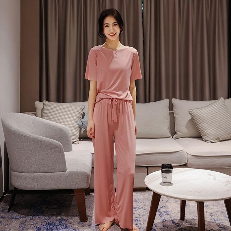 Summer Ladies Pajamas Loungewear Set Summer Thin Solid Color Loungewear Short Sleeves Elasticated Waist Trousers Lazy Pajamas