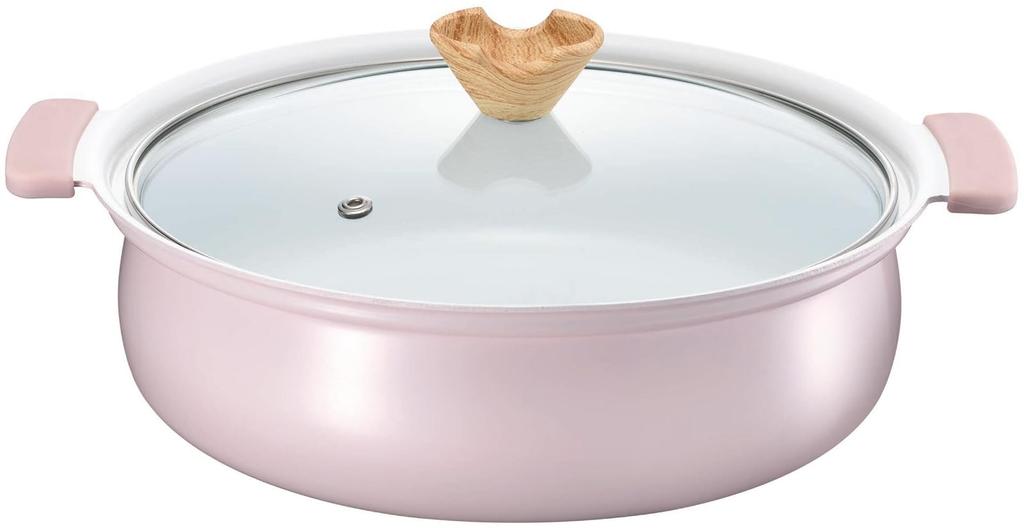 Kakusee Coronto Tabletop Serves Gas Stovetop Ceramic Glass Cute Plump Dusky Pink CT-22 Pot, 24cm, 3-4 People, Double-Handled, Compatible, Coating,