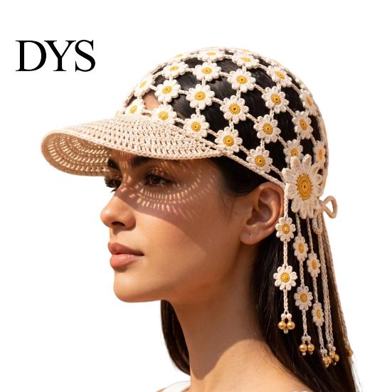 Outdoor Sun Protection Cap Hand Crocheted Sunflower Baseball Cap, Bohemian Tassel Bell Hat, Handmade Knit Cutout Floral Decorative Bowknot Beanie