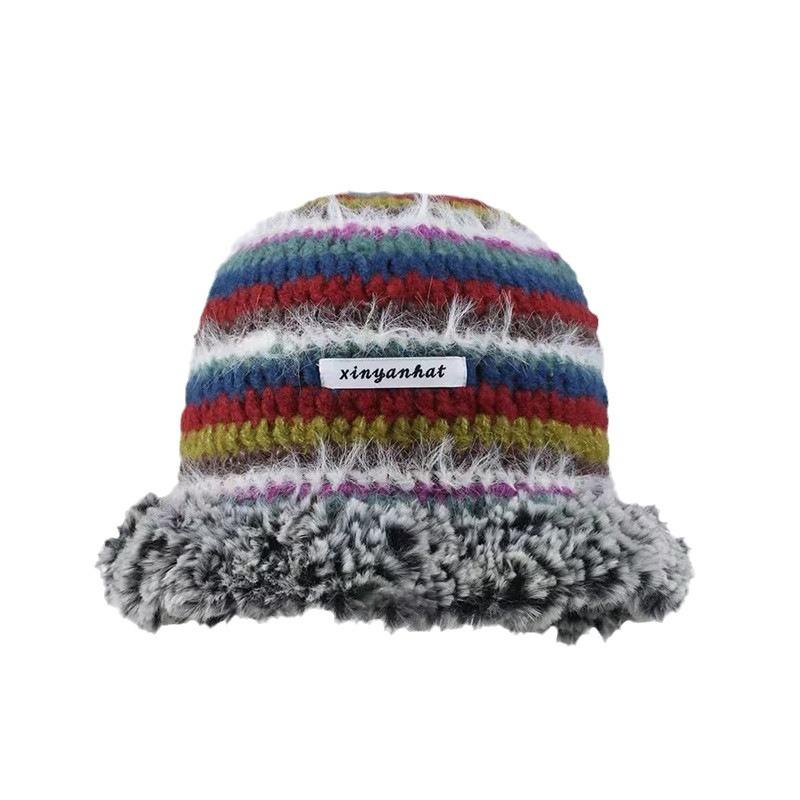 

Autumn and winter new knitted bucket hat women s niche contrasting color striped plush warm ear protector washbasin hat 56-59cm [elastic]